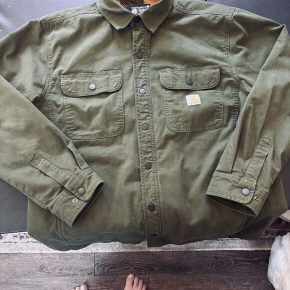 Carhartt Jacket Men's Large Green Canvas Flannel Lined Shirt Shacket Chore coat - Picture 2 of 16